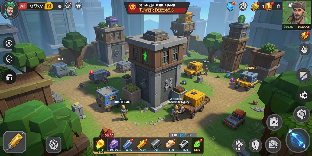 Screenshot gameplay MT777 menampilkan pertahanan menara yang intens dalam Tower Defense.