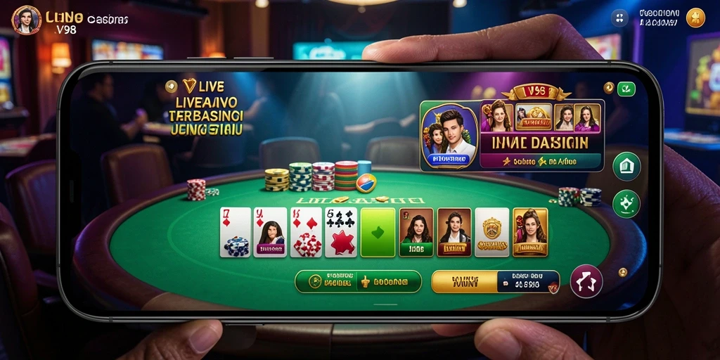Tampilan utama V98 dengan dealer langsung di permainan Live Casino.